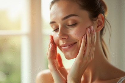 Femme massant son visage devant une grande fenêtre en lumière naturelle