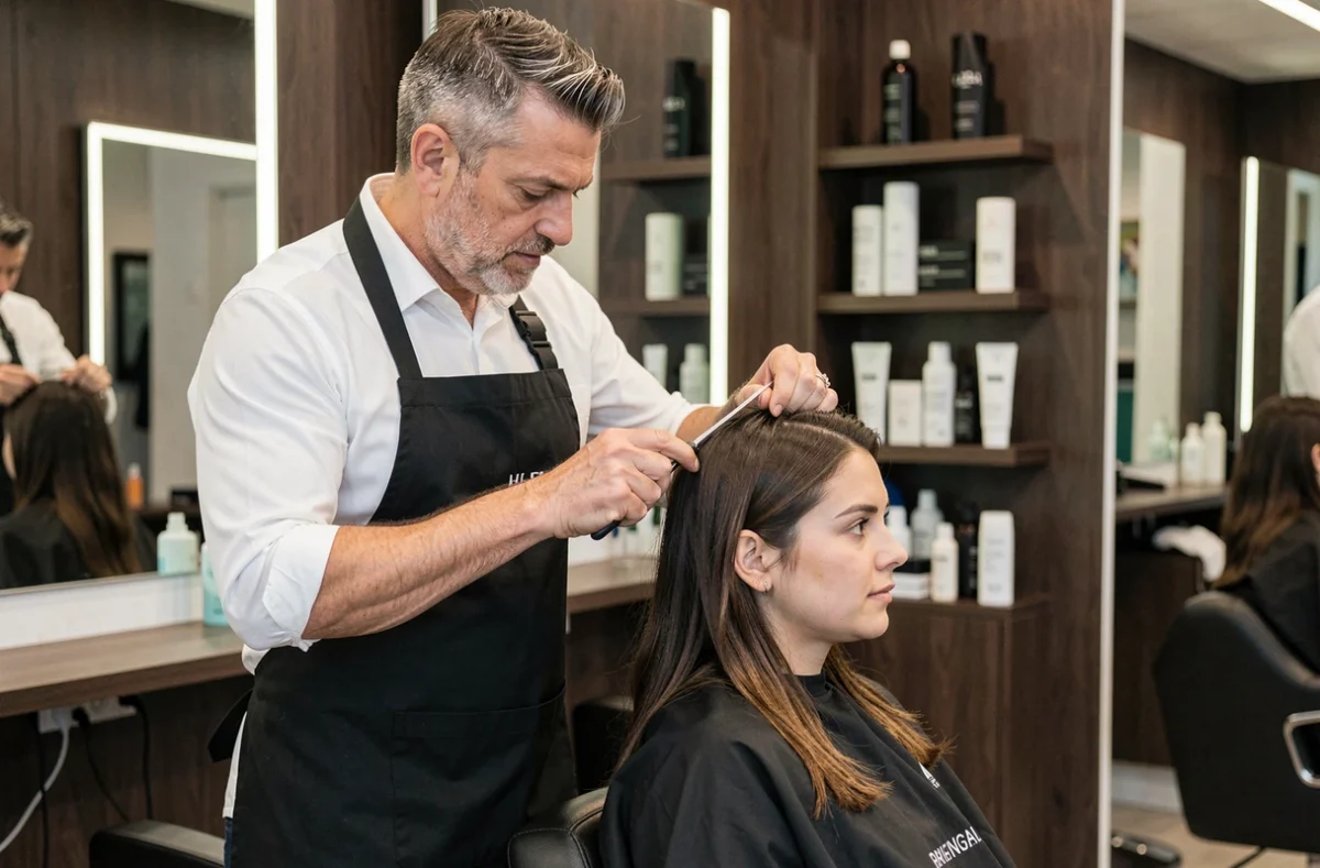 Coiffeur masculin professionnel réalisant une coupe précise sur une cliente dans un salon contemporain à Grenoble