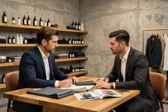 Consultant en style masculin chez Studio Thomas Tuccinardi présentant des conseils personnalisés à un client autour de swatches de tissu