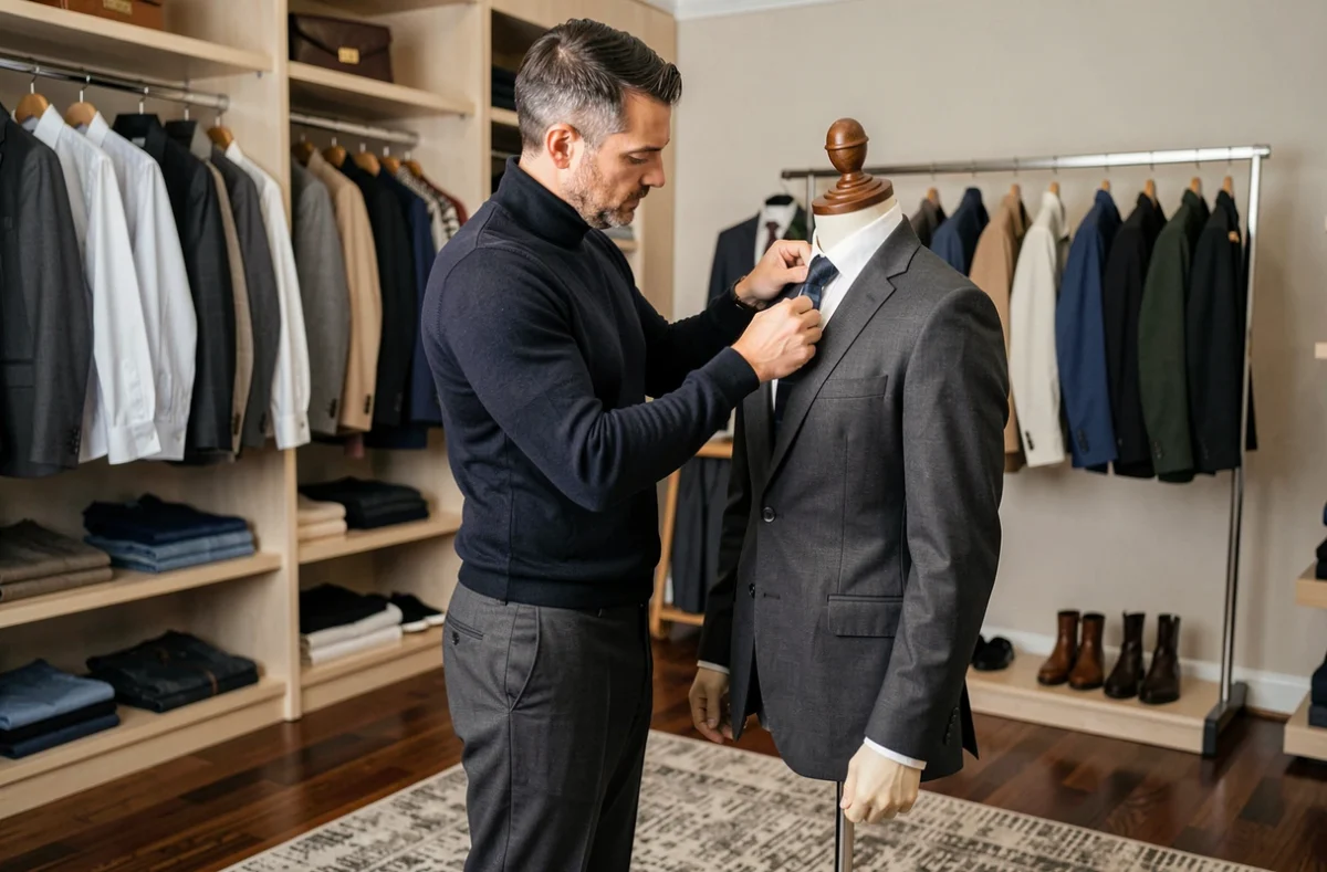 Styliste masculin du Studio Thomas Tuccinardi ajustant un blazer sur mesure dans un atelier de mode homme élégant
