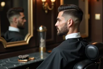 Homme en coupe taper fade assis dans un fauteuil de barbier dans un salon haut de gamme, style professionnel et soigné