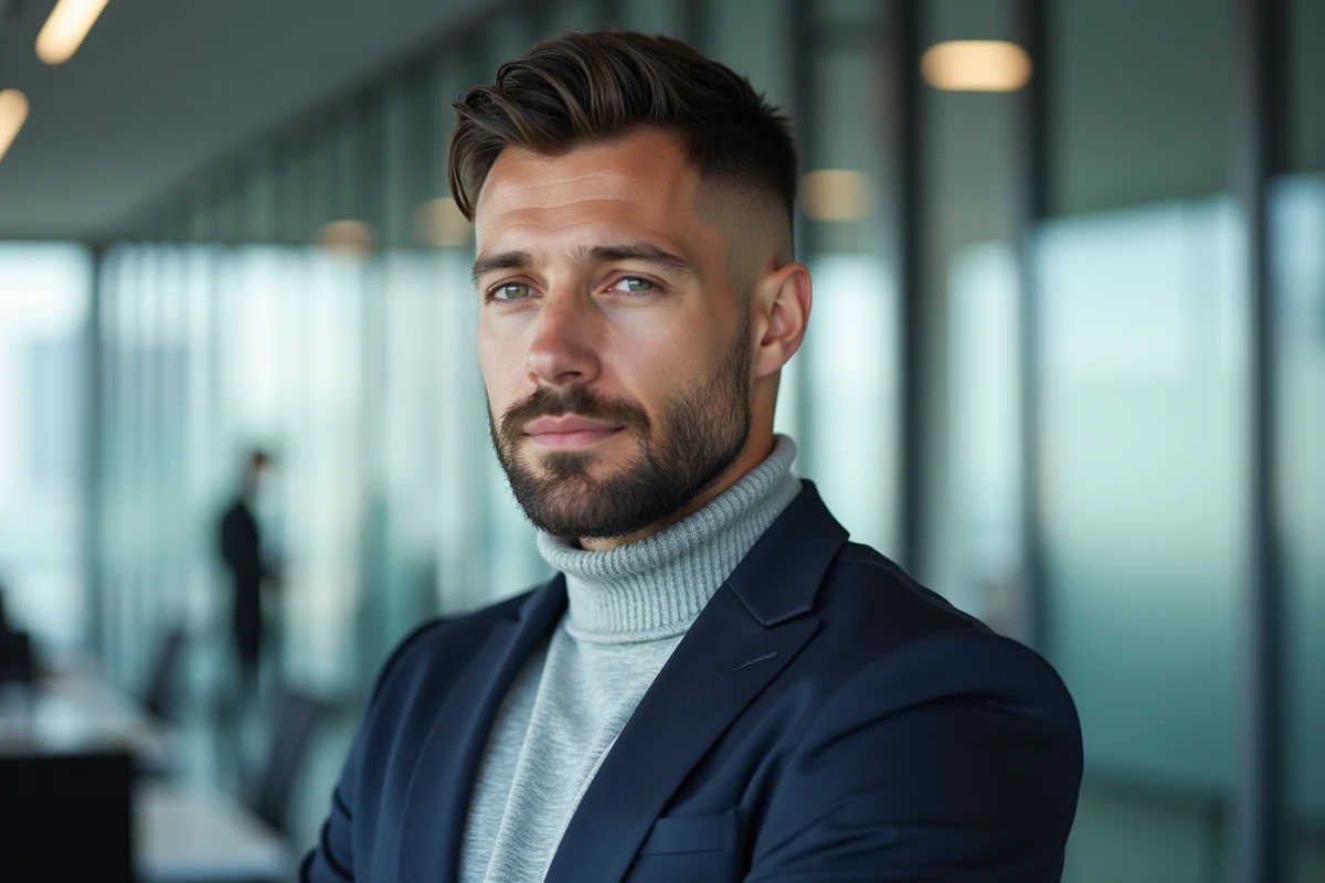 Homme avec une coupe taper texturée en environnement de bureau moderne, look professionnel pour la semaine