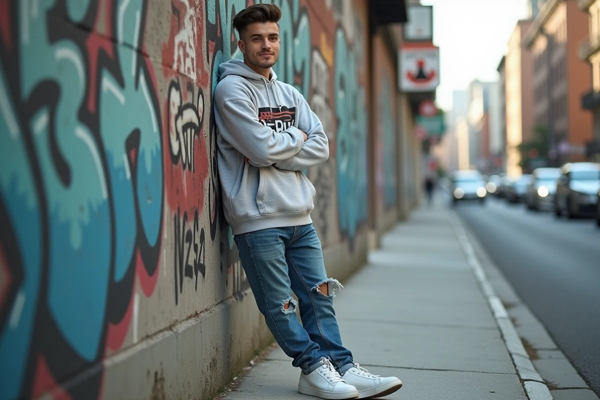 Jeune homme avec un taper fade haut et une raie marquée, look streetwear décontracté dans une rue urbaine le week-end