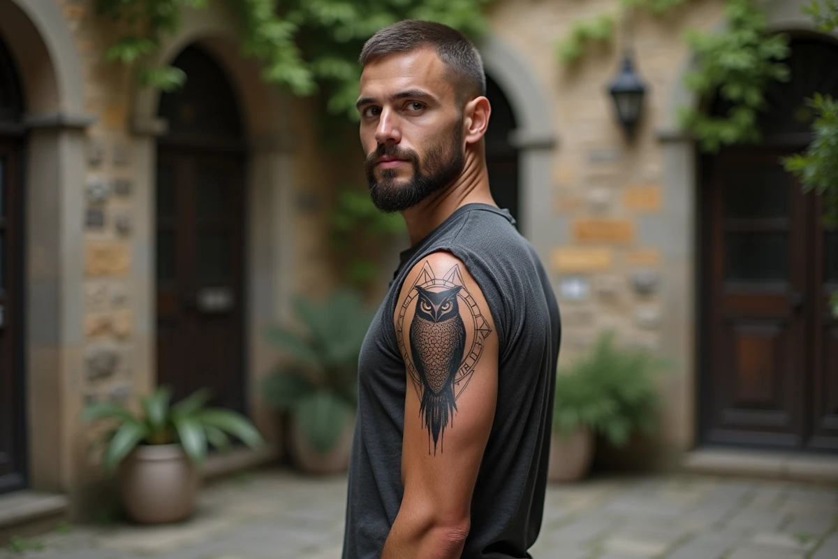 Tatouage hibou géométrique en lignes fines sur le bras d'un homme dans une cour urbaine