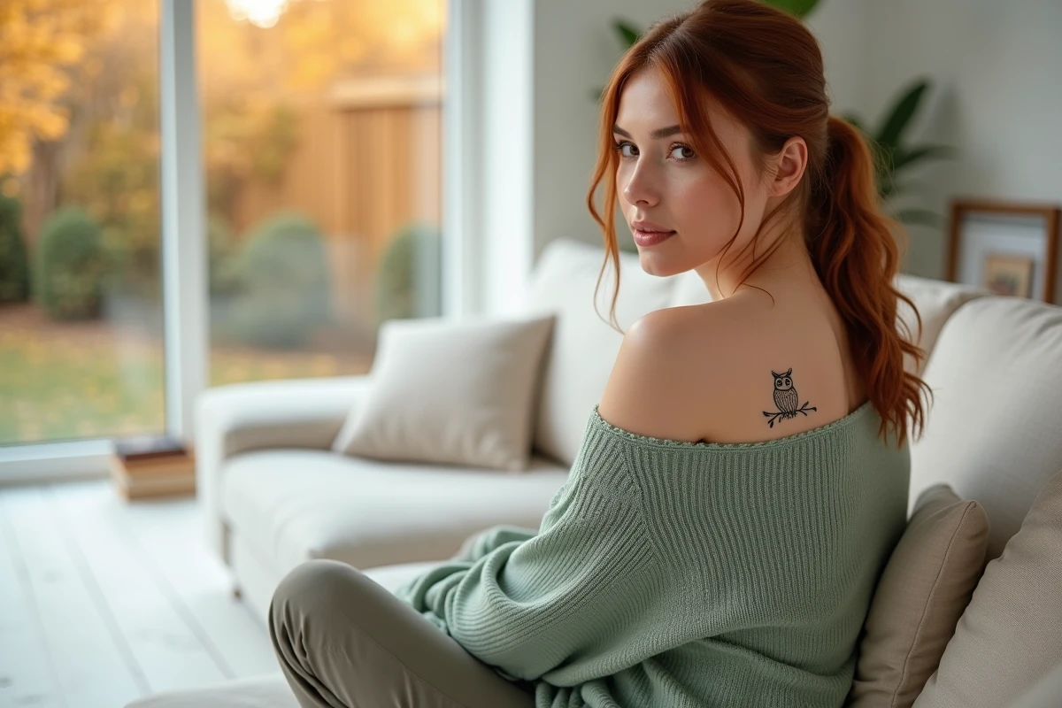 Tatouage hibou minimaliste en trait fin sur l'omoplate d'une femme dans un intérieur scandinave