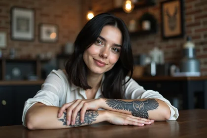Tatouage hibou réaliste en noir et gris sur l'avant-bras d'une femme dans un studio de tatouage