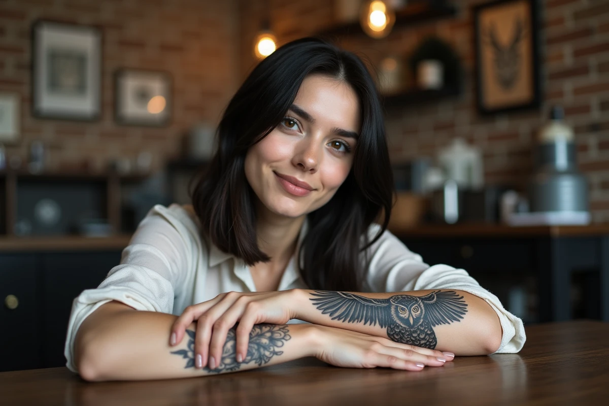 Tatouage hibou réaliste en noir et gris sur l'avant-bras d'une femme dans un studio de tatouage