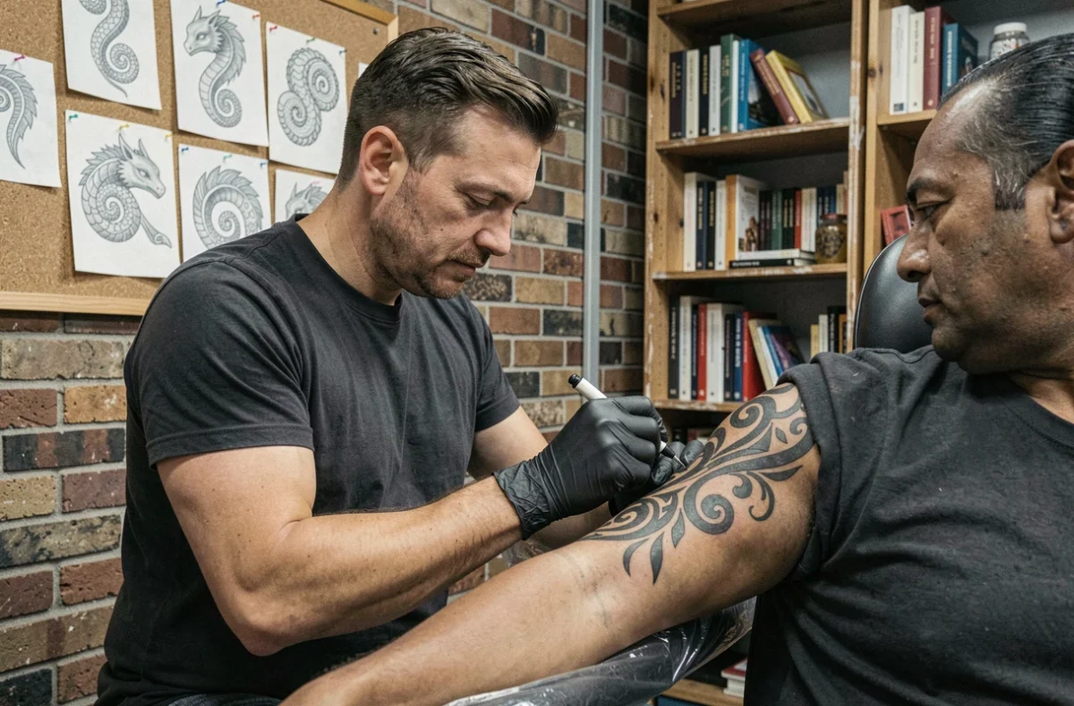 Artiste tatoueur māori appliquant un motif tā moko traditionnel sur le bras d'un client dans un studio de tatouage contemporain à Auckland