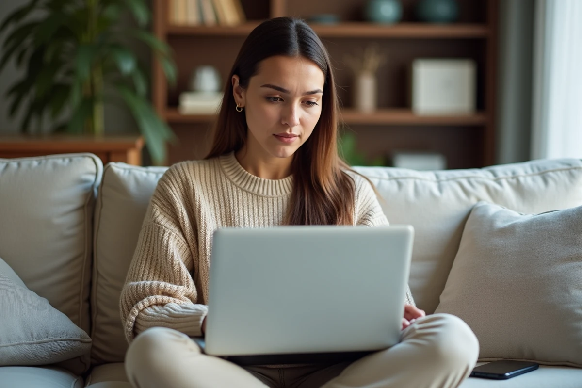 Jeune femme en télétravail bloquée sur une page de connexion au portail employé L'Oréal depuis son domicile