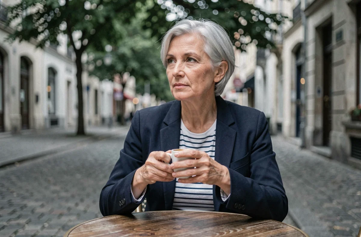 Femme aux cheveux gris courts assumés à une terrasse de café parisien, style élégant et naturel