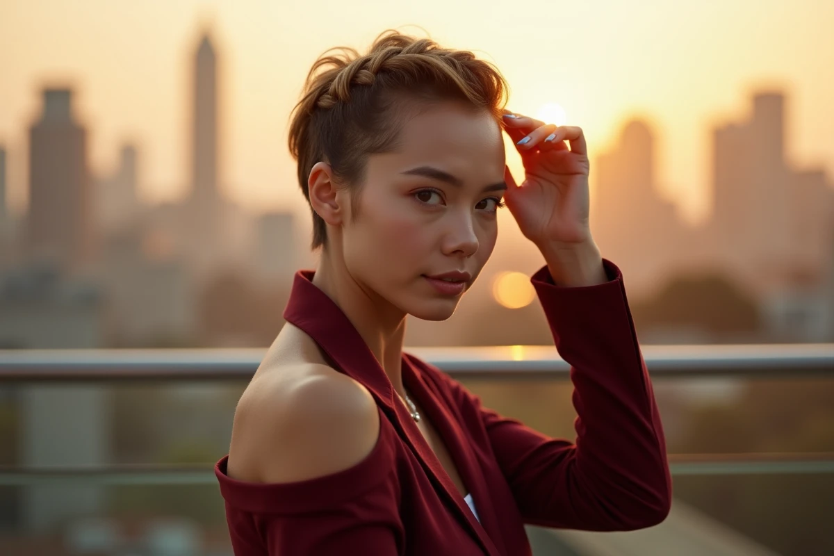 Femme avec une tresse couronne sur cheveux courts posant sur un rooftop urbain pour un look de soirée tendance