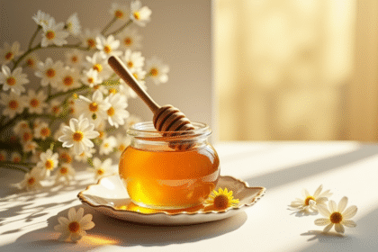 Verre de miel avec cuillère en bois et cœur en miel doré